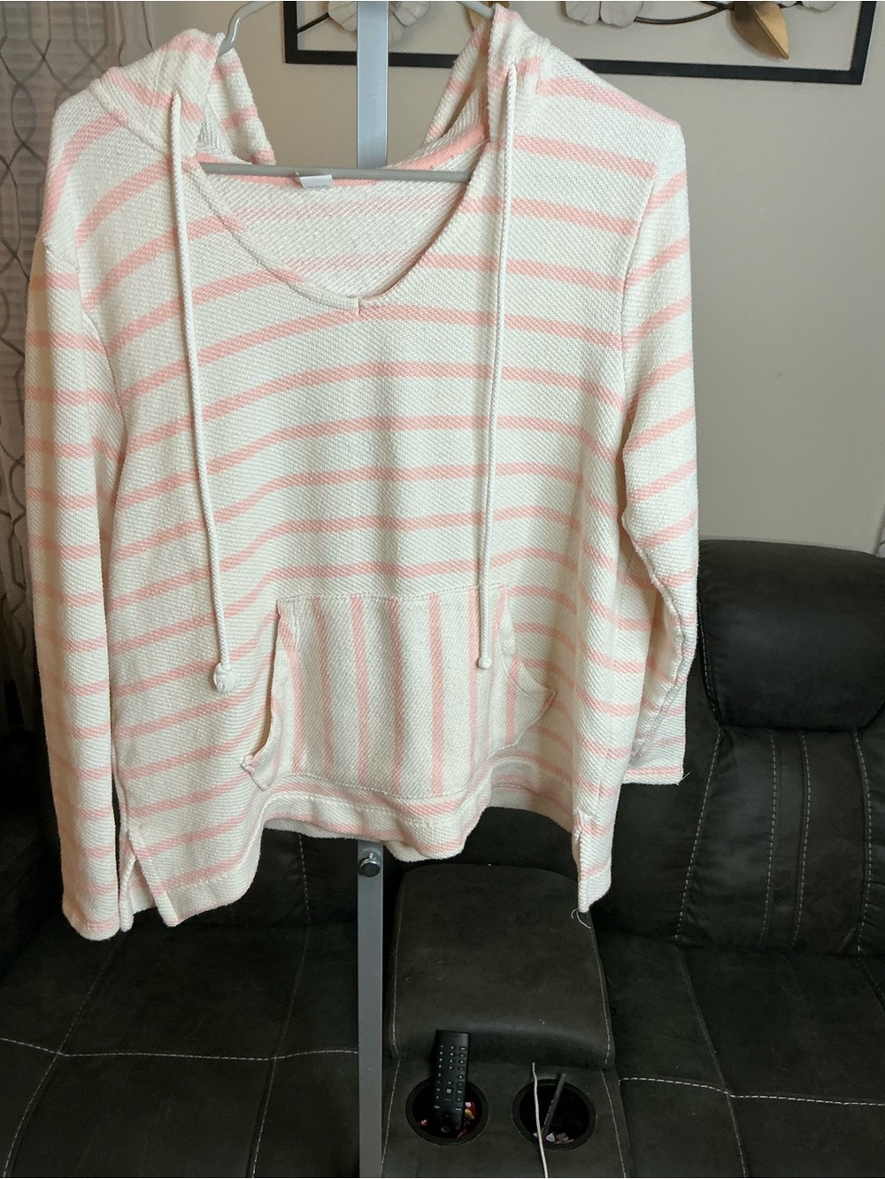 Old Navy Cream and Light Pink Striped Hoodie Sweater